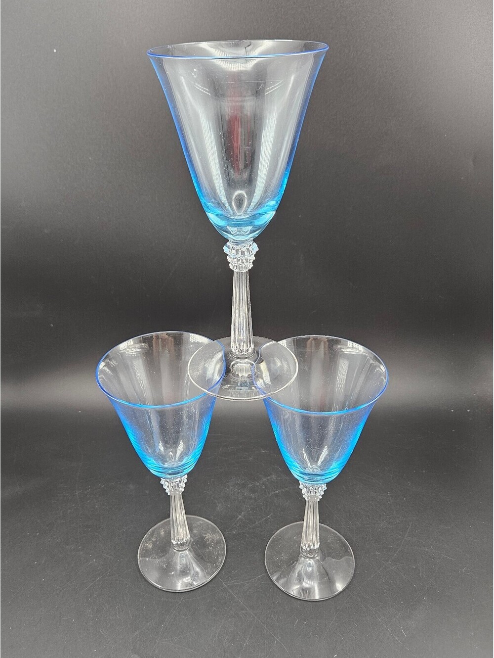 Vintage Fostoria Sceptre Azure Blue Water Goblets 7.5" Stem 6017 Lot of 3